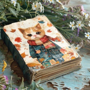 May include: A vintage-style journal with a hand-painted illustration of a cat wearing a plaid shirt and a red scarf. The cat is surrounded by autumn leaves and the journal has a worn, rustic look.
