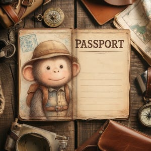 May include: An open passport book with the word "PASSPORT" printed on the right page. A cartoon monkey wearing a safari hat and backpack is on the left page. A compass, map, and leather accessories surround the book on a wooden surface.
