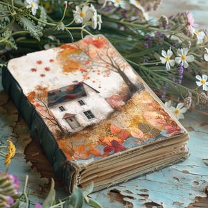 Puede incluir: Un diario de estilo vintage con una cubierta de cuero azul y una ilustración pintada de una casa blanca con un techo marrón rodeada de hojas de otoño. El diario está sobre una superficie de madera rústica con un ramo de flores blancas y moradas.