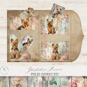 May include: A folio pocket kit featuring a Yorkshire Terrier dog on a floral background. The kit includes six different images of the dog, each with a different pose and expression. The images are printed on high-quality cardstock and are perfect for scrapbooking, card making, and other paper crafts.
