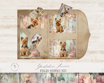 May include: A folio pocket kit featuring a Yorkshire Terrier dog on a floral background. The kit includes six different images of the dog, each with a different pose and expression. The images are printed on high-quality cardstock and are perfect for scrapbooking, card making, and other paper crafts.