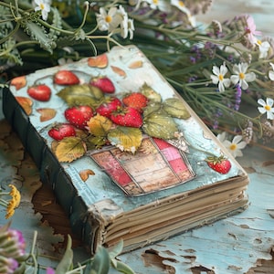 Strawberry Junk Journal Kit, Fruit Scrapbook Papers, Rustic Journal, Paper Craft, Patchwork Ephemera, Whimsical Collage Sheet, Fall Berries