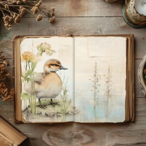 May include: A watercolor painting of a duckling standing in a field of flowers. The duckling is brown and white with a yellow beak. The flowers are white and pink. The background is a light blue watercolor wash.