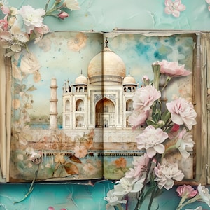 Kits de carnets de voyage en téléchargement numérique, pages de scrapbooking vintage, aquarelles de monuments, créations en papier, monuments du monde, feuille de collage