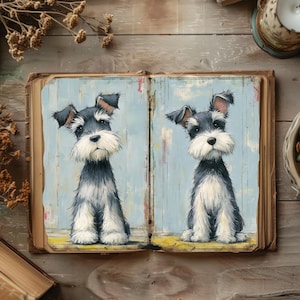Junk Journal Pages Dogs, Whimsical Scrapbook Papers, Rustic Journal, Schnauzer Papercraft, Puppy Collage, Canine Printables, Dog Decoupage