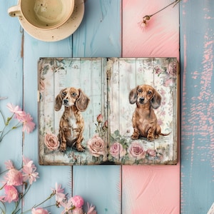 Junk Journal Printables Hund, Dackel Vintage Scrapbook Papier, gefüttert Rustikal Journal, Collage Sheet, Welpe Ephemera, Dackel Decoupage