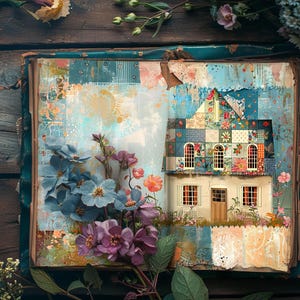 Patchwork ongewenste dagboekpagina's, platteland plakboekpapier, rustiek dagboek, papierkunst, patchwork ephemera, collageblad kusthuisje
