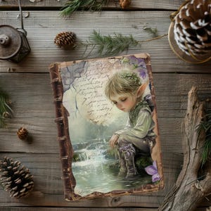 Puede incluir: Un diario de estilo vintage con una cubierta de cuero marrón y una ilustración caprichosa de una criatura de aspecto de hada sentada junto a una cascada. El diario tiene una inscripción manuscrita en la cubierta.