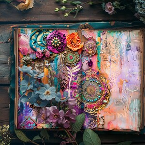Páginas de diario hippie, papeles de álbum de recortes coloridos, manualidades de papel imprimibles, diario rústico, efímeras boho, hojas de collage boho, hippie