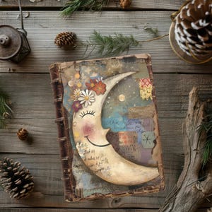 Moon Junk Journal Kit, Patchwork Scrapbook Papers, Rustic Journal, Paper Craft, Floral Moon With Face Ephemera, Celestial Collage Sheet