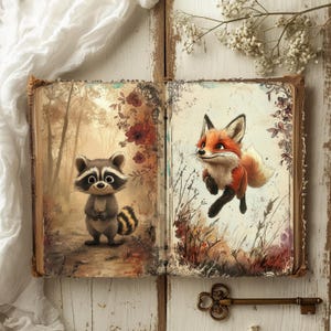 Könnte beinhalten: Ein aufgeschlagenes Buch mit Illustrationen eines Waschbären und eines Fuchses. Der Waschbär steht in einer Waldszene, der Fuchs springt. Das Buch hat einen Vintage-Look mit floralen Akzenten und einem Schlüssel.