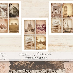 Carnet de voyage éphémères, scrapbooking vintage, monuments en noir et blanc, créations en papier, monuments du monde, feuille de collage de cartes postales vintage