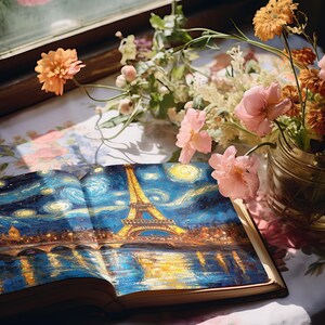 Kits de carnets de voyage, pages de scrapbooking vintage, aquarelles de monuments, créations en papier, monuments du monde, feuille de collage, ciel au clair de lune