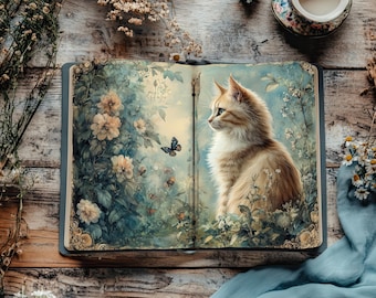 Cat Junk Journal Kit, Floral Cats Scrapbook Pages, Paper Craft, Countryside Ephemera, Kitten Collage Sheet, Cats with Flowers Decoupage