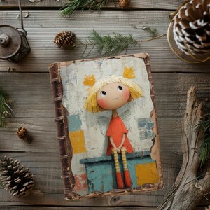 May include: A handmade doll with a whimsical design. The doll has yellow hair, an orange dress, and striped legs. It is set against a backdrop of a painted book cover with a rustic, textured appearance. The overall aesthetic is charming and artistic.