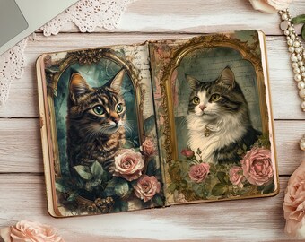 Cat Junk Journal, bloemen katten plakboekpagina's, papiermodellen, kortstondige plattelandsverschijnselen, collagevel kitten, decoupage katten met bloemen