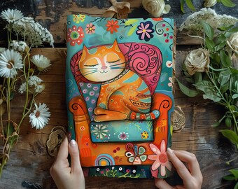 Grillig Cat Junk Journal, kleurrijke plakboekpagina's, afdrukbaar papier, rustiek dagboek, eigenzinnige katten, efemere katten, katachtig collageblad
