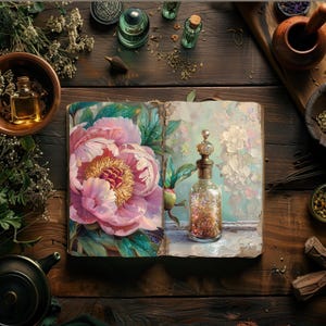 Kits de diário de lixo de boticário, papéis digitais botânicos, álbum de recortes mágico, papelaria de ervas para impressão, itens efêmeros de fadas, colagem de peônias