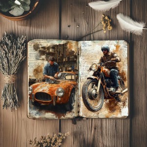 May include: An open book with watercolor illustrations of a classic orange car being worked on and a vintage motorcycle being ridden. The book is on a wooden surface with dried lavender, feathers, and other decorative elements.