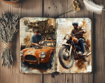 Masculine Junk Journal, Vintage Motorcycle Scrapbook, Guys Collage, Mens Ephemera, Male Journal Decoupage Images, Classic Car Printables