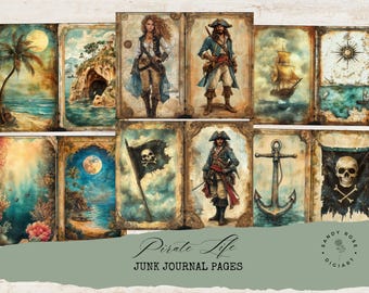 Diário de recortes imprimível com tema marítimo, papel para scrapbook de capitão, diário oceânico, efêmeros de pirata, colagem litorânea, galeão imprimível, decoupage de praia.