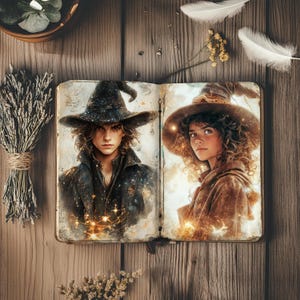 May include: An open book with two illustrations of people wearing witch hats. The illustrations are detailed with a starry night effect. The book is on a wooden surface, with dried lavender, feathers, and other decorative elements.