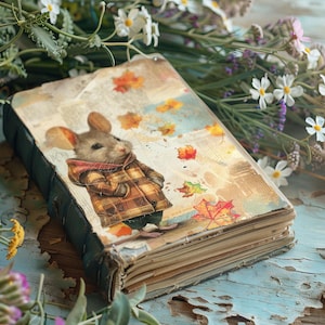 Könnte beinhalten: Ein Vintage-Notizbuch aus blauem Leder mit einer skurrilen Illustration einer Maus, die einen karierten Mantel trägt und auf einem Hintergrund aus Herbstblättern steht. Das Notizbuch ist von weißen und violetten Wildblumen umgeben.