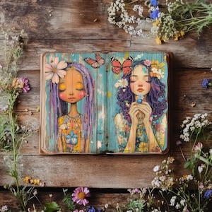 Page de journal indésirable pour fille hippie, papier de scrapbooking coloré, travaux manuels imprimables, journal rustique, éphémères bohèmes, collage bohème, poussin hippie
