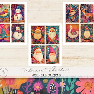Skurrile Weihnachts-Ephemera-Karten, schrullig, Digital bedruckbar, Bunte Weihnachts-Postkarte, Lebhaftes Schneemann-Papierhandwerk, Rotkehlchen Junk-Journal-Karten