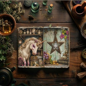 Kits de diário de lixo de boticário, papéis digitais botânicos, álbum de recortes mágico, papelaria de ervas para impressão, itens efêmeros de unicórnio, colagem de boutique