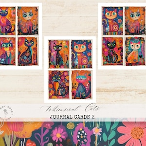 Skurrile Ephemera Karten, schrullige Katzen Digital Printable, bunte Sammelalbum Postkarte, lebhafte druckbare Papiermodelle, Junk Journal Karten
