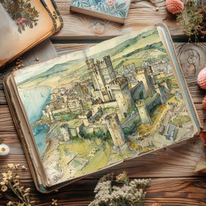 Junkjournaal kasteel, vintage plakboekpapier, rustiek dagboek, fortcollageblad, efemere stenen toren, pagina's aquarel bolwerk