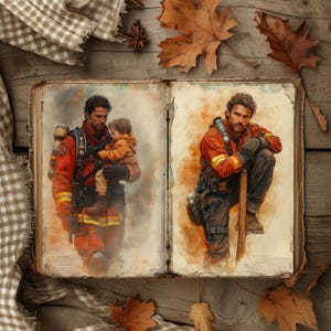 May include: An open book featuring two watercolour illustrations of a firefighter in a red uniform. One shows a firefighter holding a child, the other shows a firefighter kneeling with a tool. The book is on a wooden surface with autumn leaves.