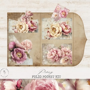 Pfingstrose Junk Journal, Folio, Floral Scrapbook Taschen, Vintage druckbare Ordner, Blumen Ephemera, Shabby Journal Karten, blumige wählerische Schnitte