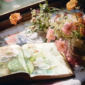 Diario basura con cactus, papeles vintage para álbumes de recortes digitales, diario rústico con suculentas, manualidades con papel con vegetación, hojas de collage con plantas del desierto