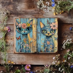Diario de chatarra de gato hippie, papel de álbum de recortes colorido, manualidades de papel imprimibles, diario rústico, efímeras bohemias, collage bohemio, imprimibles hippies