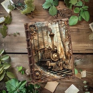 Papel digital para diario de trenes, 6 páginas de trenes steampunk, álbum de recortes desgastado, manualidad de papel imprimible, diario rústico, collage vintage VOL1