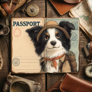 May include: An open passport with the word "PASSPORT" in blue. The right page shows a cartoon dog in a hat, scarf, and backpack. Travel accessories, including a compass and leather items, surround the passport on a wooden surface.