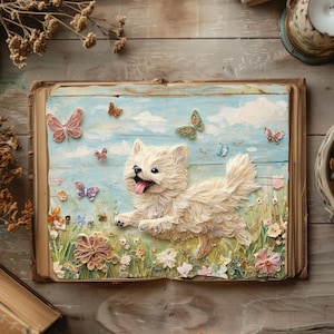 Carnet de voyage pour chien fantaisiste, pages d'album de scrapbooking de Poméranie, créations en papier, documents éphémères pour chiens originaux, feuille de collage chiot, chien chassant des papillons