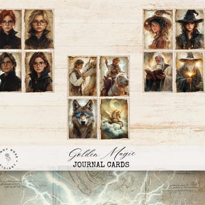May include: A collection of "Golden Magic Journal Cards" featuring fantasy art. The cards depict portraits of people, a wolf, and a unicorn, along with images of wizards and characters riding mythical creatures. The cards have a vintage, aged paper appearance.