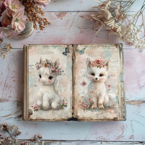 Diario di San Valentino con animali, pagina di album di cuori, diario di rose rosse, lavoretti di carta sull'amore, effimeri romantici, collage di coppie romantiche