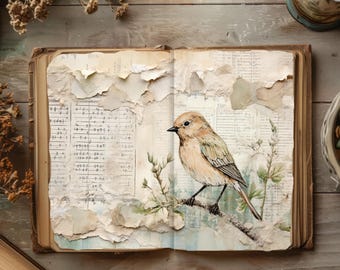 Vintage Bird Junk Journal Papers, Watercolor Digital Papers, Distressed Scrapbook Pages, Printable Paper Craft, Rustic Journal, Decoupage