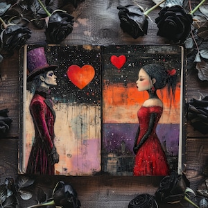 Gothic Valentines Junk Journal, Dark Romance Scrapbook Page, Black Roses Journal, Goth Papercraft, Romance Ephemera, Romantic Couple Collage