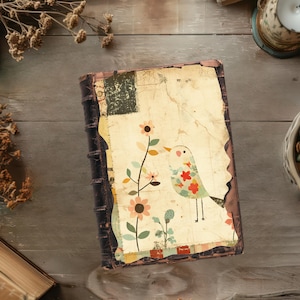 Vintage patchwork junk dagboekpapier, vogel plakboekpapier, rustiek dagboek, papierkunst, patchwork ephemera, bloemen collageblad