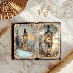 May include: An open book with winter clock tower illustrations. The pages feature detailed paintings of clock towers in a snowy landscape, framed by ornate gold embellishments. The book is on a marble surface, with gold earrings and a glass nearby.