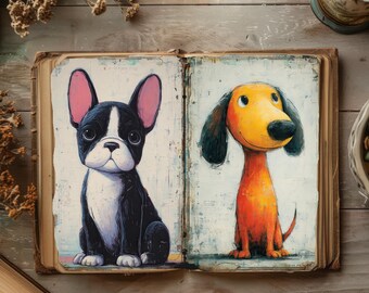 May include: An open book displays two whimsical dog illustrations. One is a black and white Boston Terrier with pink ears. The other is a dachshund with an orange body, yellow head, and black ears. The artwork has a vintage, painted style.