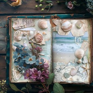 Kit de diario basura Shell, papeles de álbum de recortes vintage, diario oceánico, efímeras de acuarela, hoja de collage junto al mar, páginas imprimibles de playa