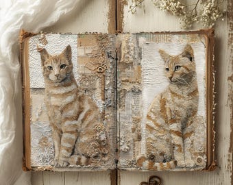 Cat Junk-dagboekpagina's, vintage kitten-plakboekpagina's, afdrukbaar papier, rustiek dagboek, collageblad Cyperse kat, kortstondige katachtige