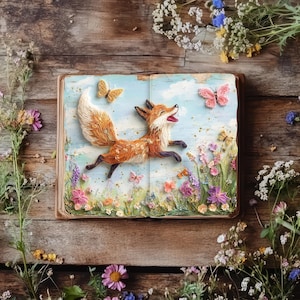 Kit de journal indésirable Fox, pages de scrapbooking fantaisistes, créations en papier, éphémères originaux de renard, renard chassant des papillons, collage de prairie de fleurs