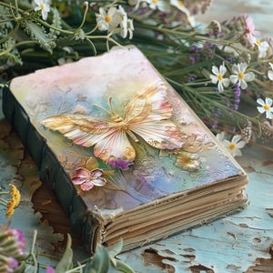 Journal papillon pastel, papiers de scrapbooking, journal rustique, feuille de collage, éphémères papillons et fleurs sauvages, découpage floral